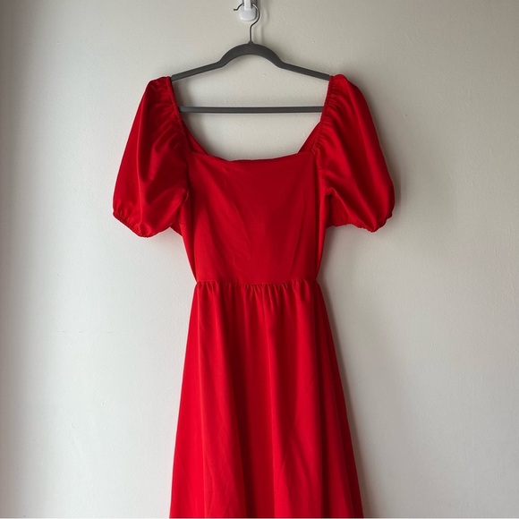 Red Puff Sleeve Cutout Back Midi Dress Women’s Size M Romantic Party Date Night - Picture 2 of 11